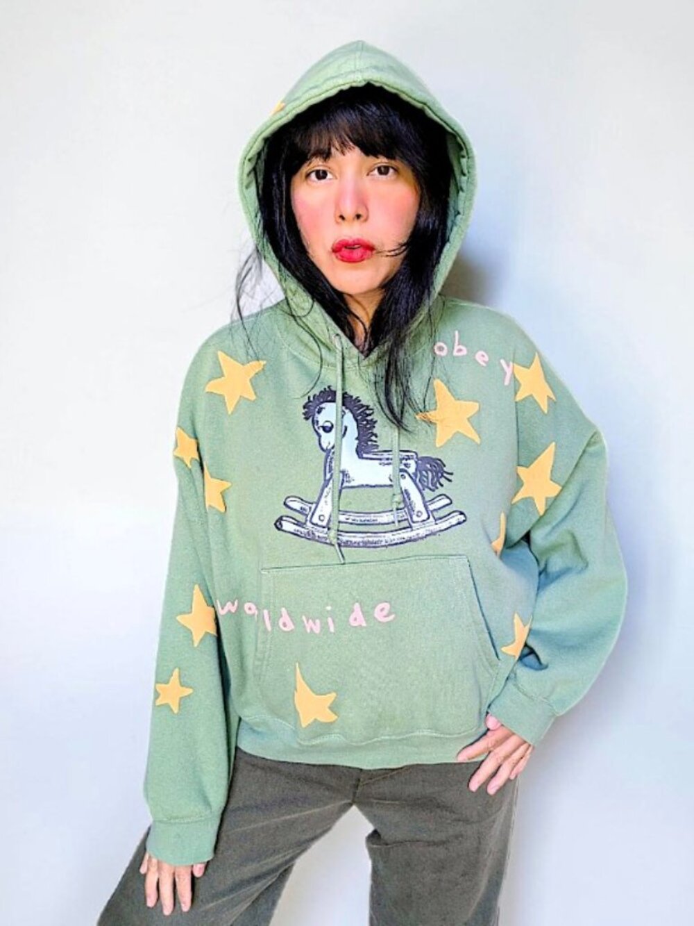 Obey sage green dreamy pony stars celestial cropped boxy oversized hoodie W's S